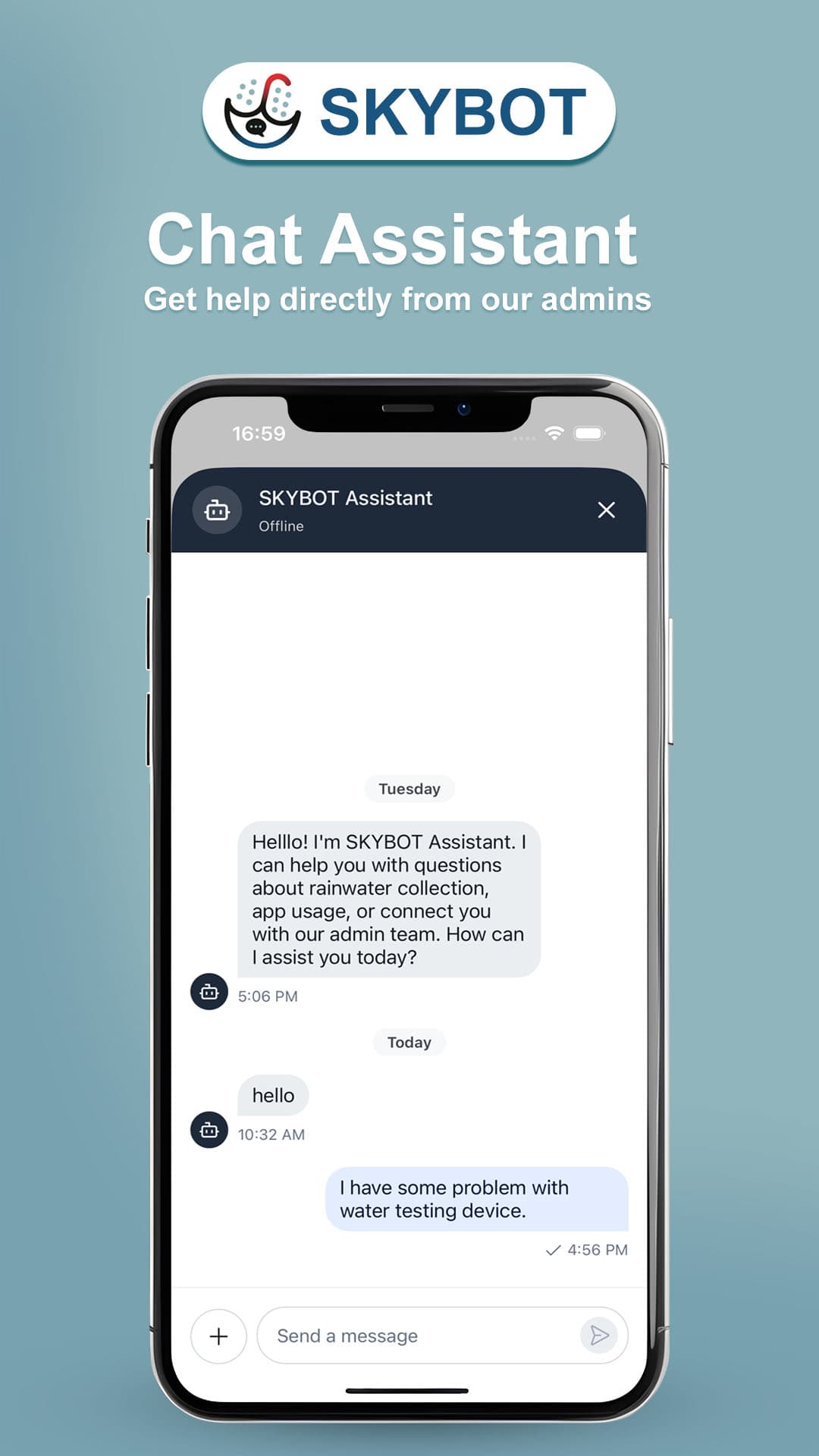 SKYBOT assistant chat connecting a user with the admin team