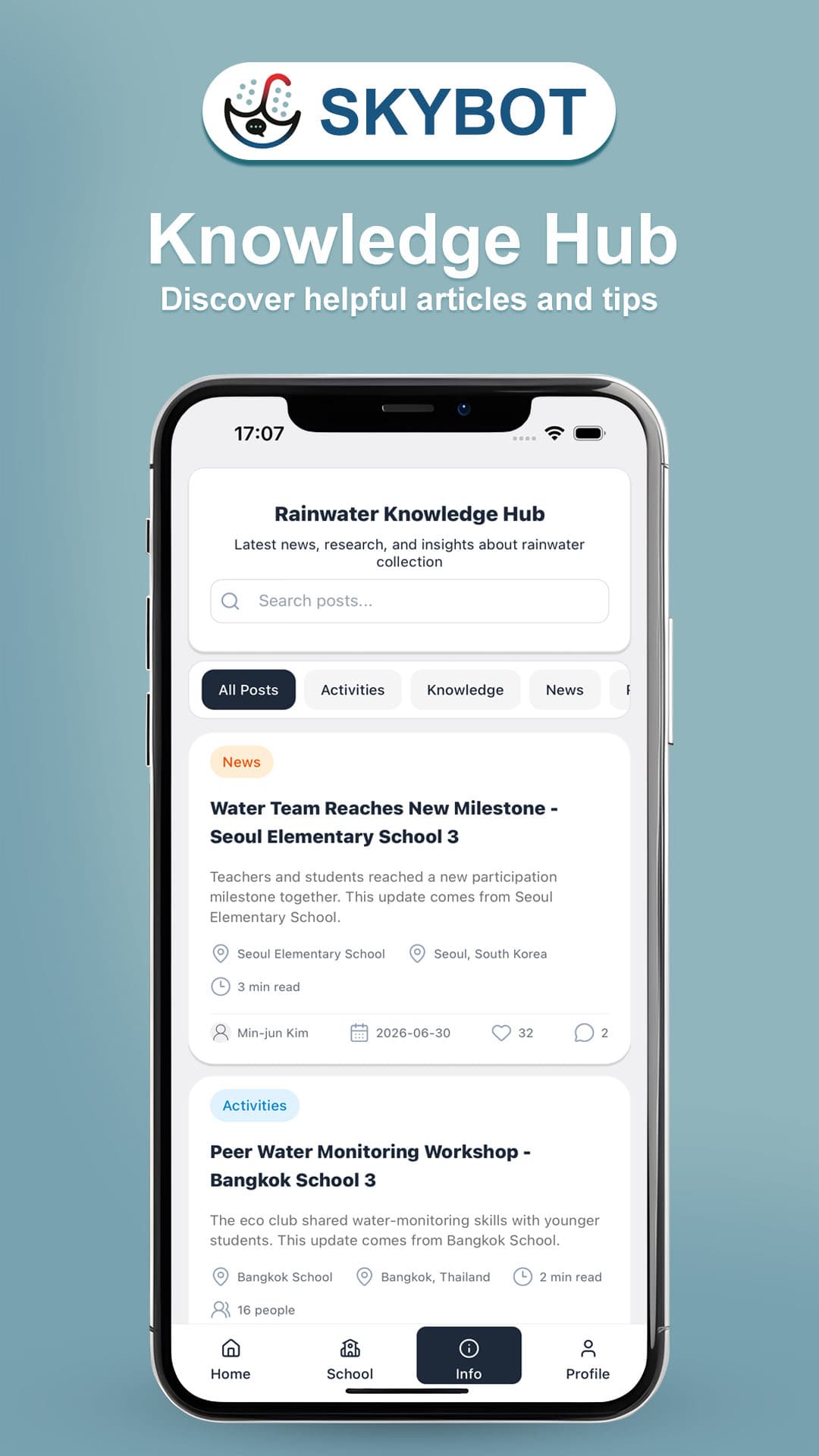 SKYBOT knowledge hub showing rainwater articles and school activities