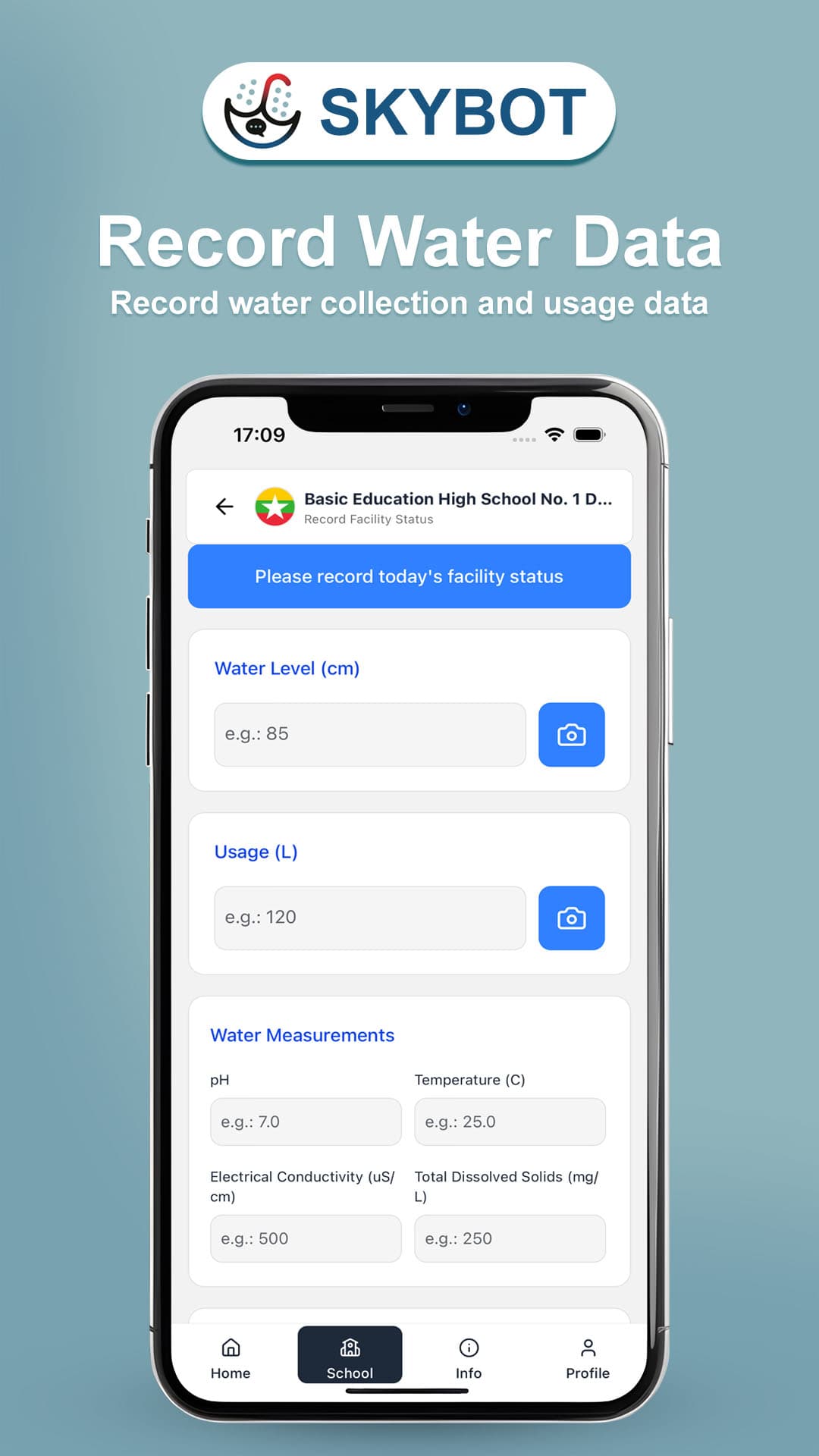 SKYBOT water data form for BiTS members to record water level, usage, and quality measurements